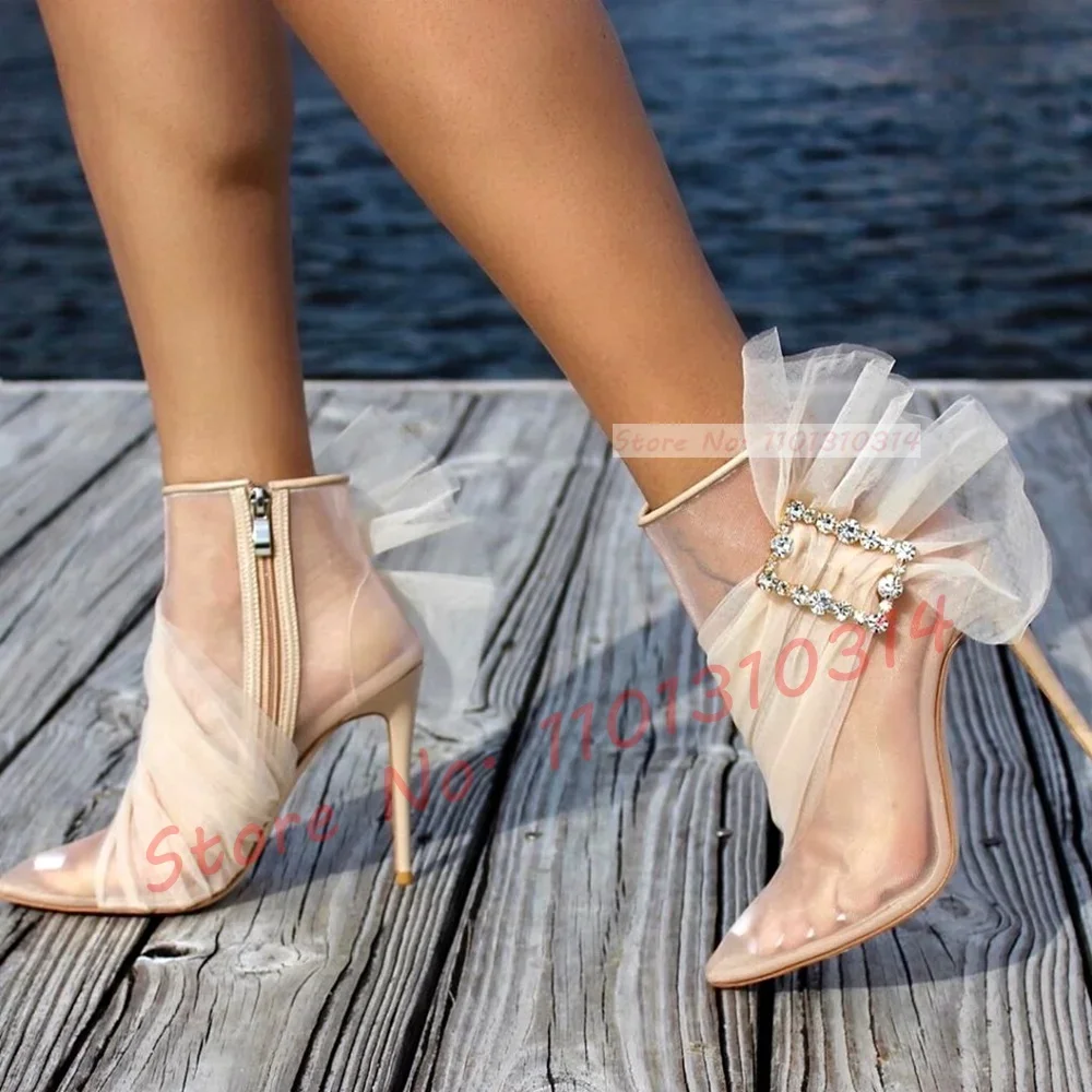 Beige Mesh Crystal Buckle Booties Women Fashion High Heels Wedding Side-wing Wrap Shoes Ladies See-though Party Elegant Boots