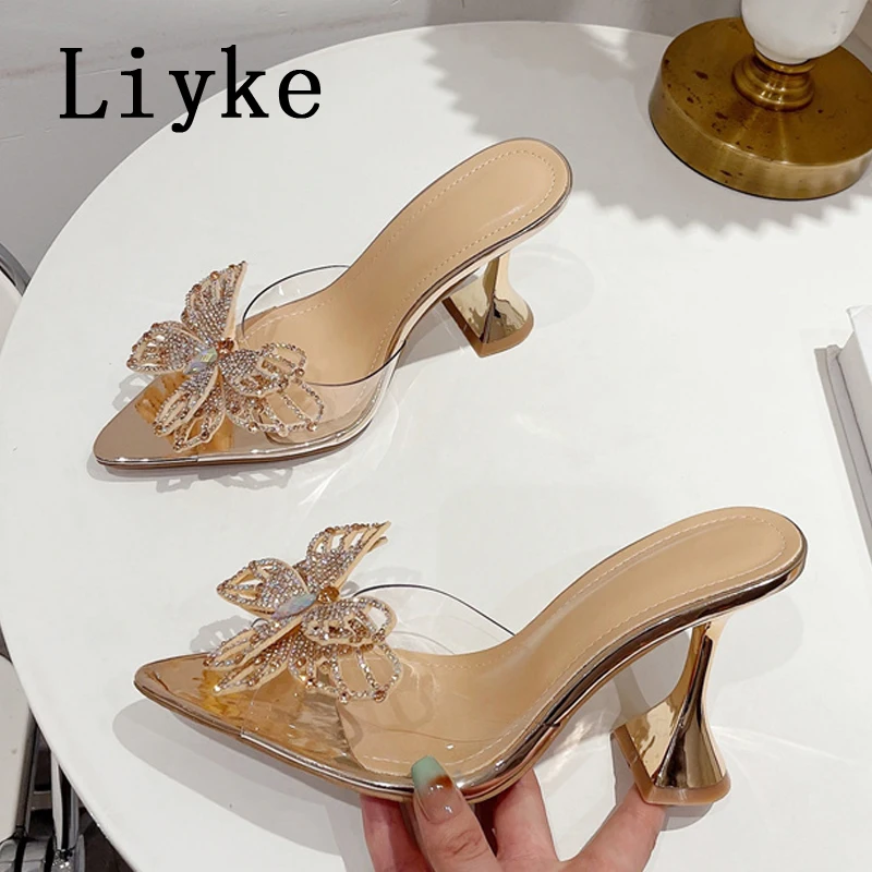 Liyke PVC Transparent Slippers For Women Fashion Rhinestone Bowknot Summer Sandals Pointed Toe Clear High Heels Party Prom Shoes