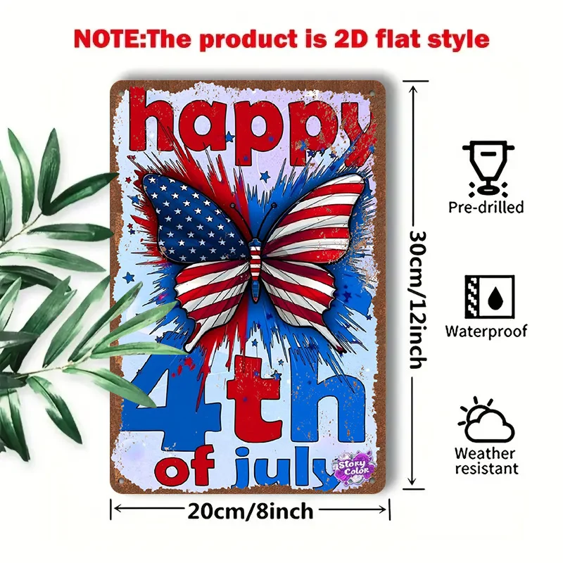 2D Flat - 1pc 2D[Flat] Metal Sign Retro Tin Painting, 8X12 Inches/20X30 Cm, American Flag Pattern Butterfly Design, Celebrate Ju