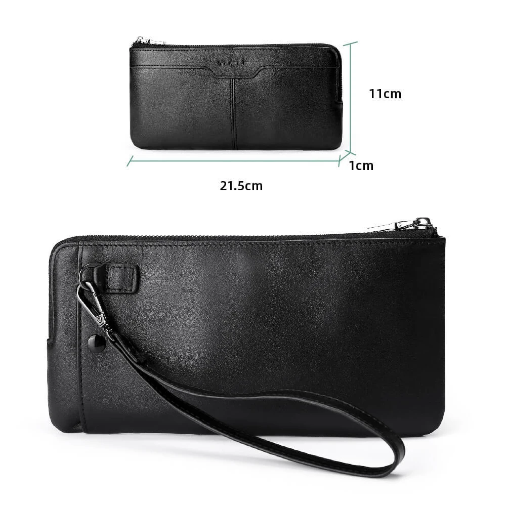 Mens Long Wallet Clutches Cell Phone Credit Card Holder Purse Soft Real Leather Zipper Large Capacity Wallets with Wrist Strap