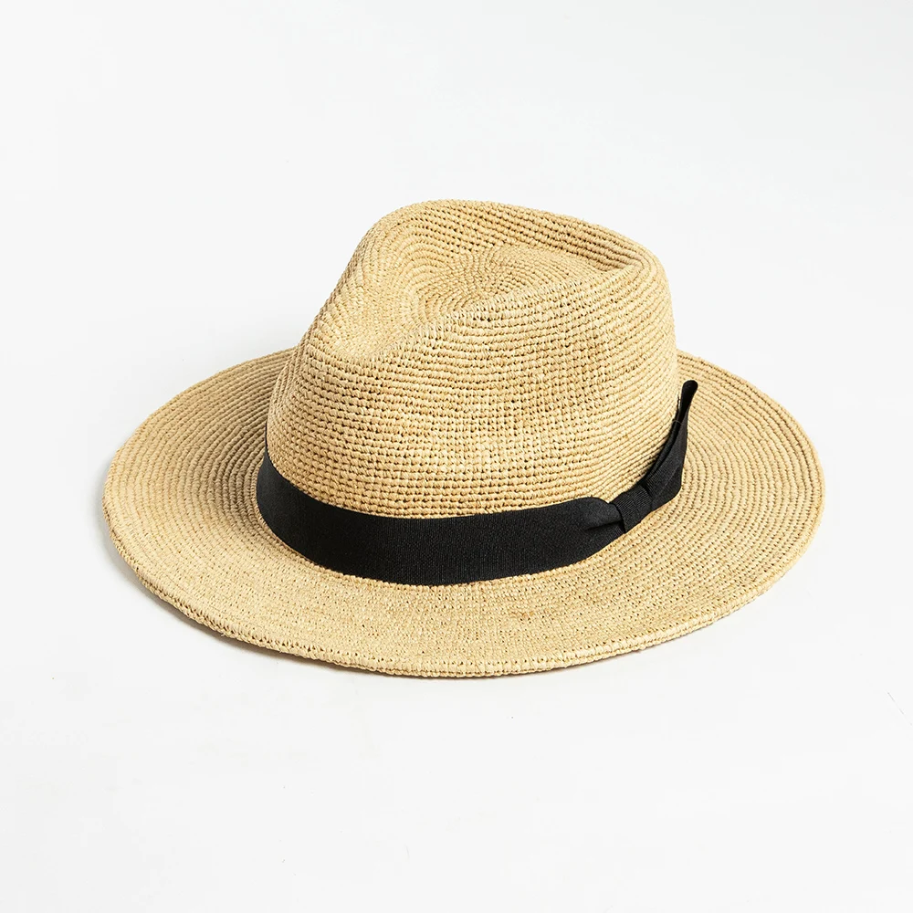 100% Natural raffia straw hat with ribbon bow women straw fedora hat outdoor straw hat