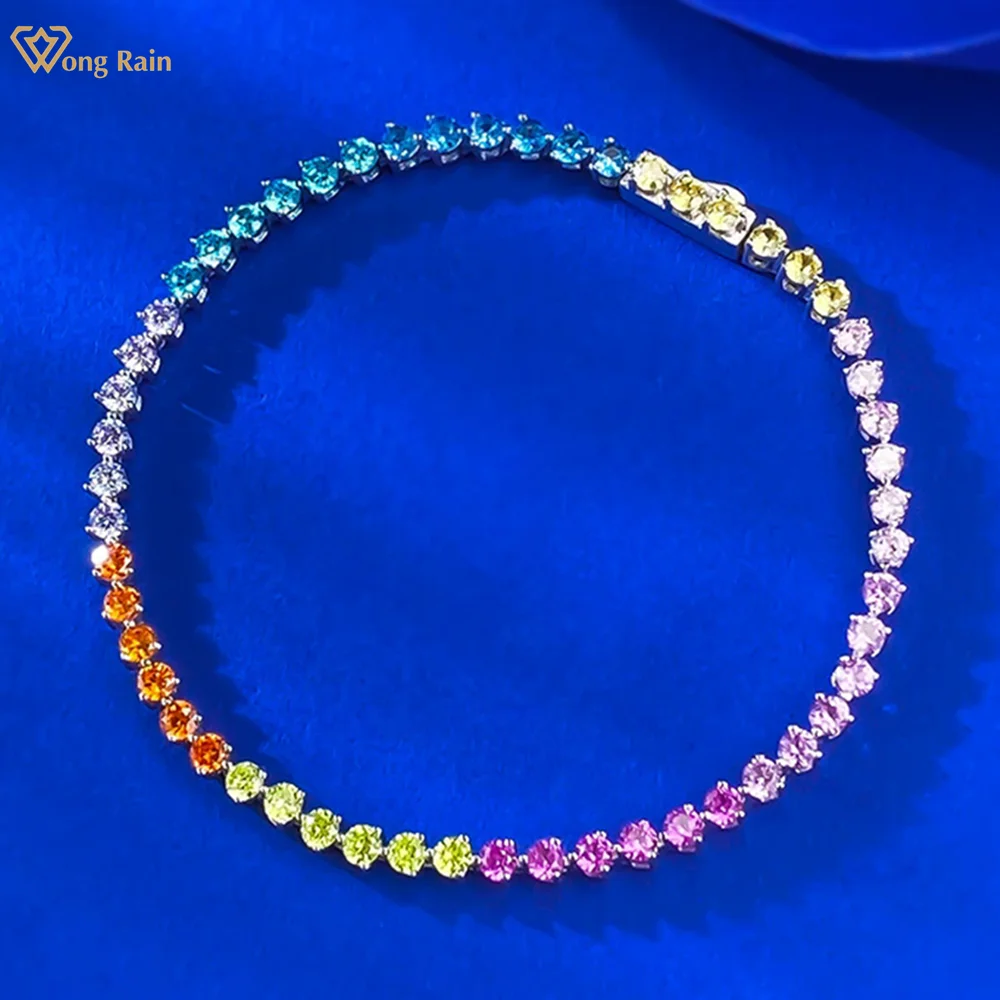 

Wong Rain 100% 925 Sterling Silver Colorful Lab Sapphire Gemstone 2.4 MM Tennis Chain Bracelets Bangle Fine Jewelry Wholesale