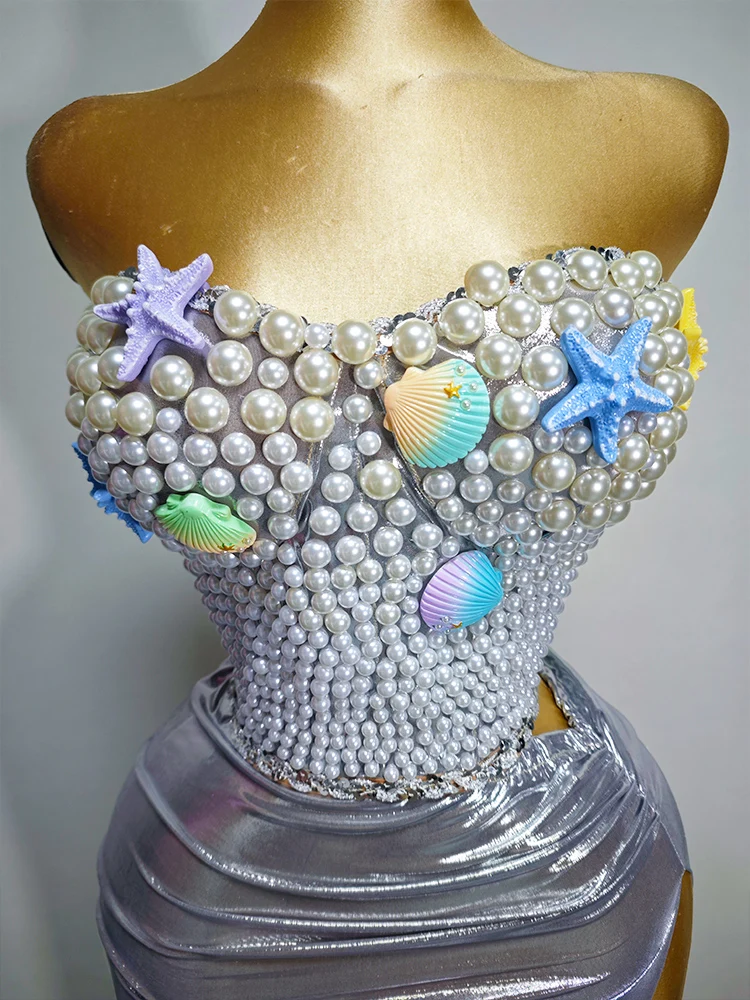 New Sexy Fashion Grey Sea-style Stage Performance Costume Women Birthday Party Short Dress Dance Show Girl Bar Drag Queen Outfit