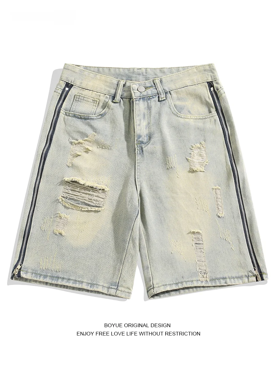 

Мужские джинсы Boyue в стиле High Street: летние повседневные брюки с боковой молнией, перфорацией и пятиточечным креплением