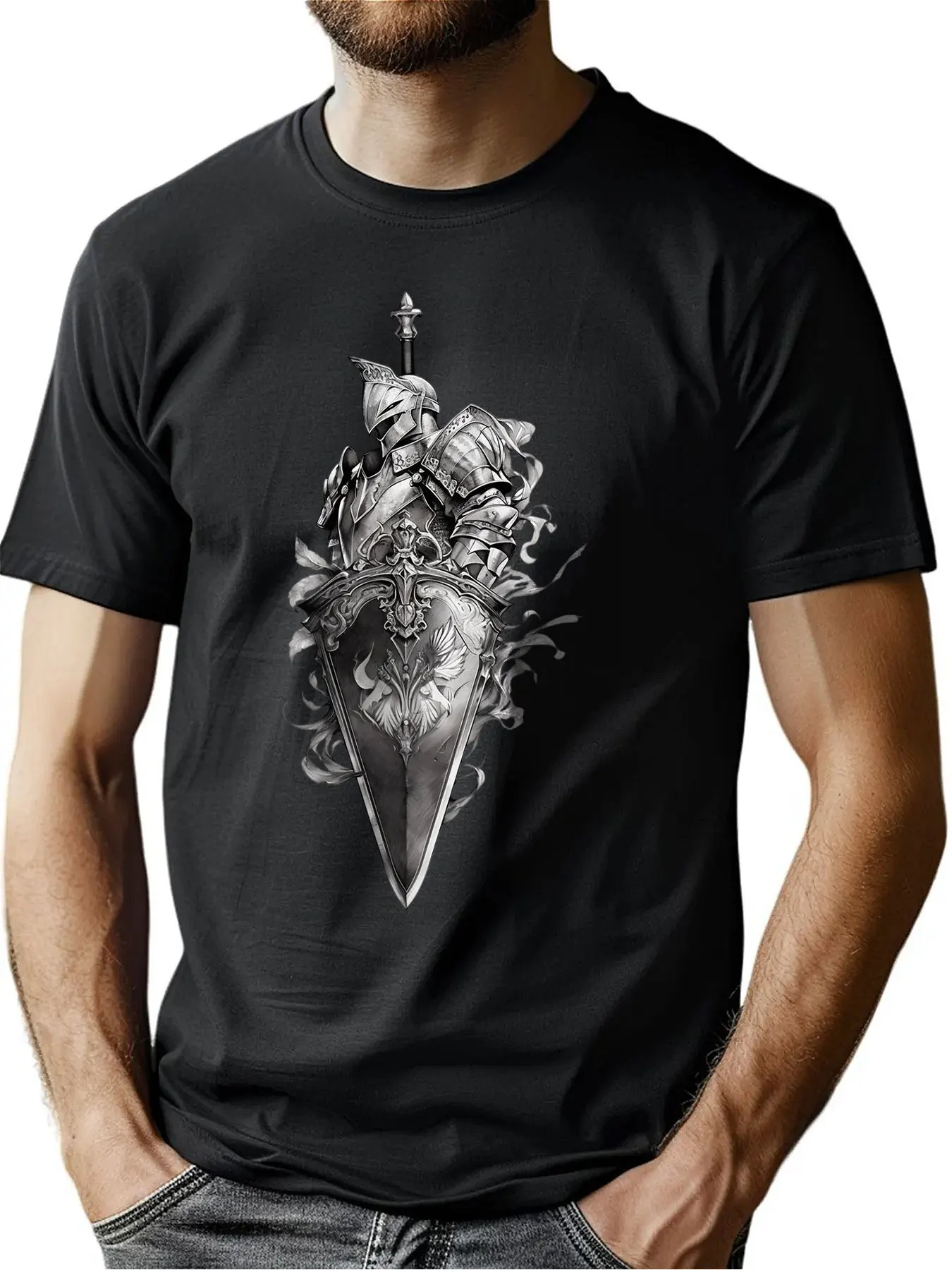 

Premium Weave Cotton Men's Crew Neck Tee With Chivalry Shield Print Birthday Gift Outdoor Activities Machine Washable For All Me