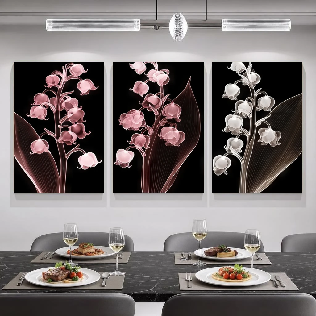 2D Flat, 3pcs Modern Boho Minimalist Floral Wall Art Panel - Pink Lily of the Valley on Black Suitable for Living Room, Frame