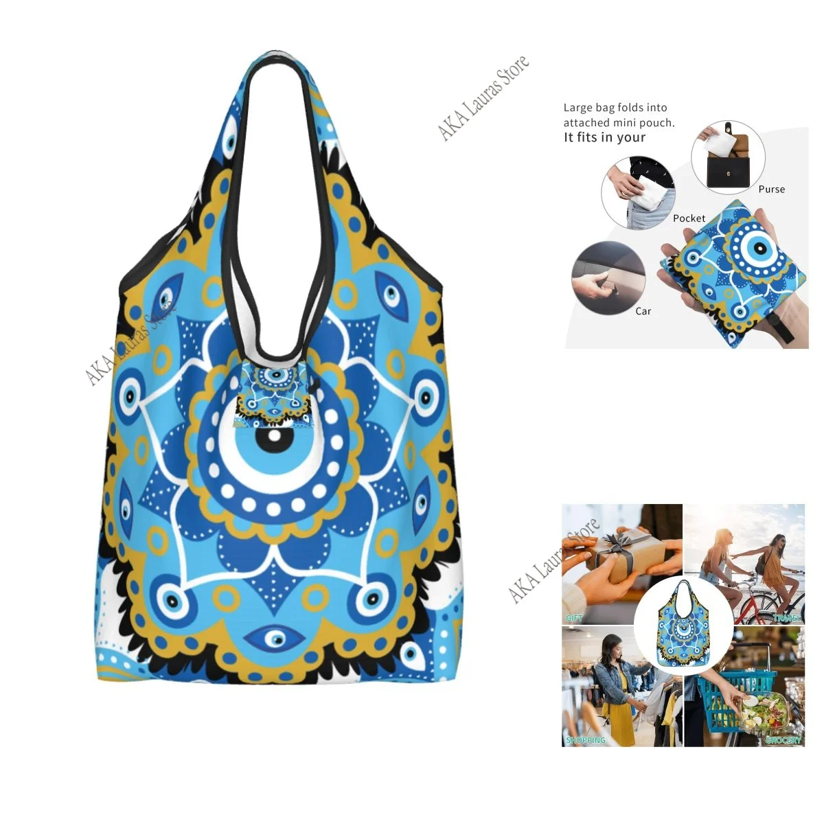 

Средиземноморская синяя и золотая сумка для покупок от сглаза, сумка-шоппер, большая сумка на плечо