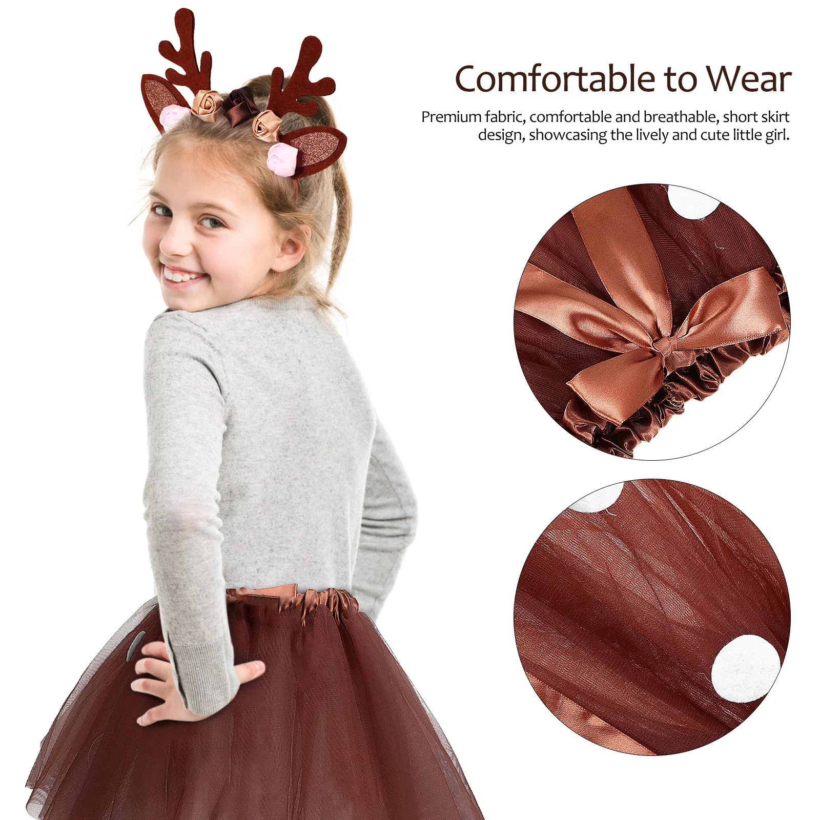 Elk Costume Set Girls Christmas Tutu Skirt Deer Outfit Accessories Antler Headband Animal Ears Reindeer Costume Polyester