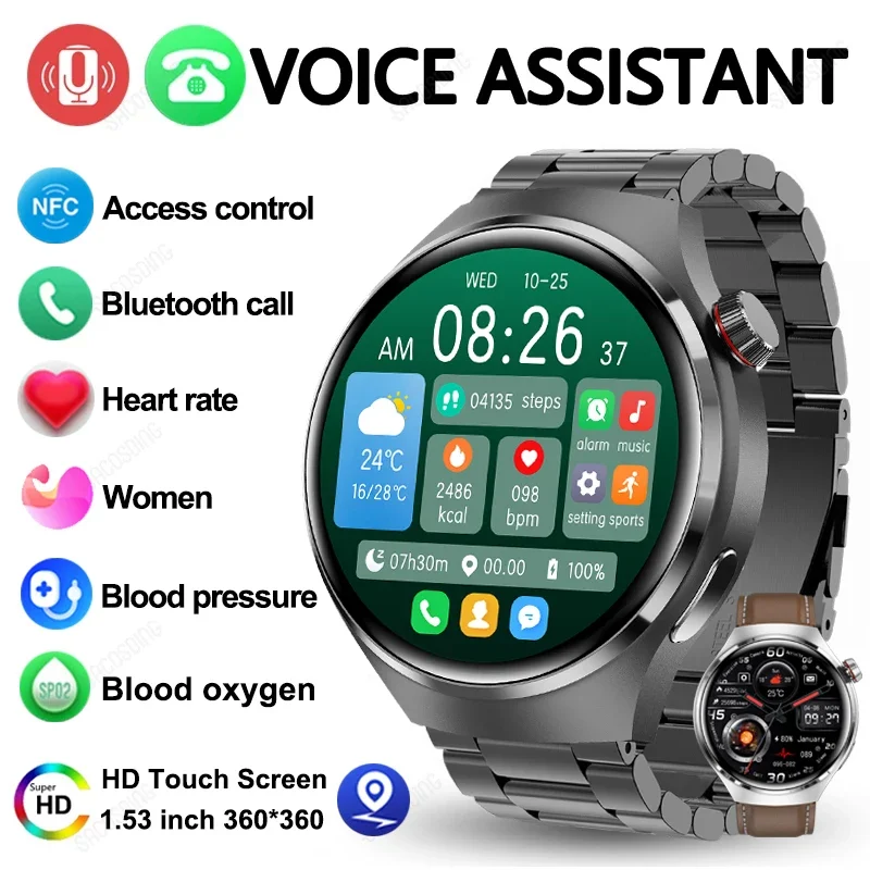 

2024New NFC Smart Watch Men AMOLED 360*360 HD Screen Blood Oxygen Blood Pressure Heart Rate Bluetooth Call Smartwatch For Huawei