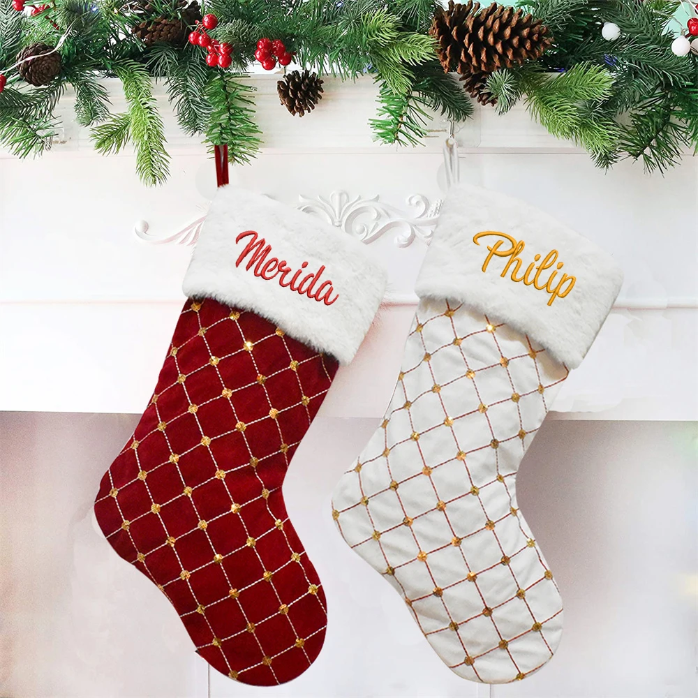 

Custom Embroidered Name Christmas Socks Gold Sequins Candy Bags Christmas Tree Decorations Holiday Gift Bags Kids New Year Gift