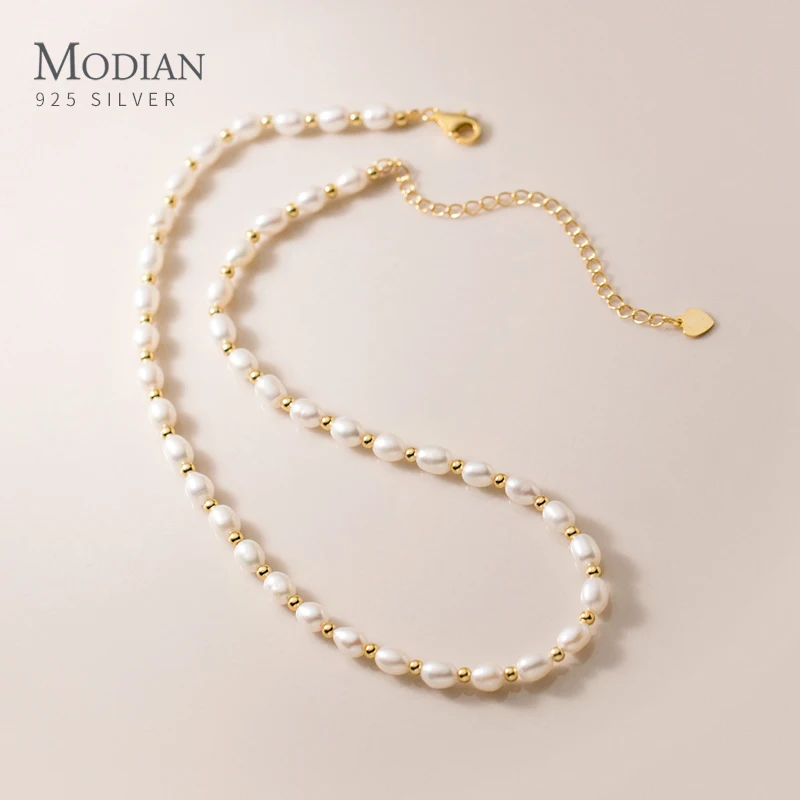 MODIAN Real 925 Sterling Silver Natural Freshwater Pearl Charm Necklace Choker Short Chain Necklace Jewelry Wedding Accessories