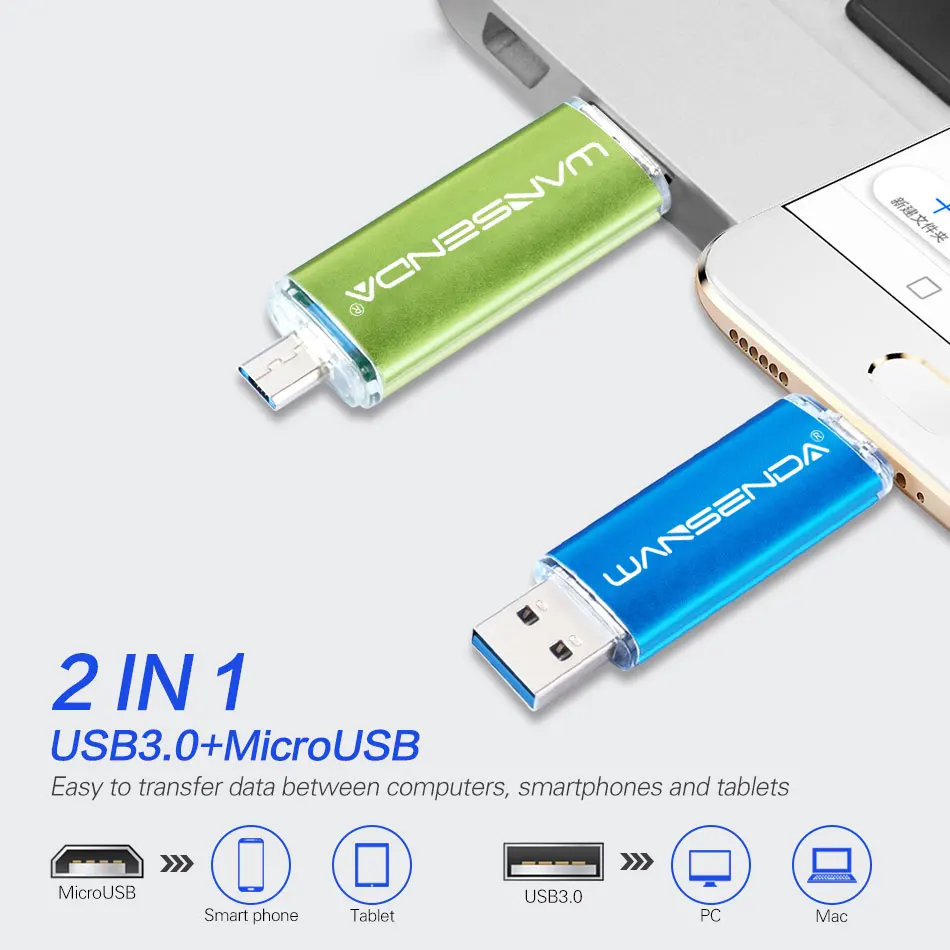 WANSENDA USB 3.0 Pendrive 16GB 32GB 64GB 128GB 256GB OTG 2IN 1 Pendrive Zewnętrzna pamięć masowa MicroUSB Stick dla systemu Android