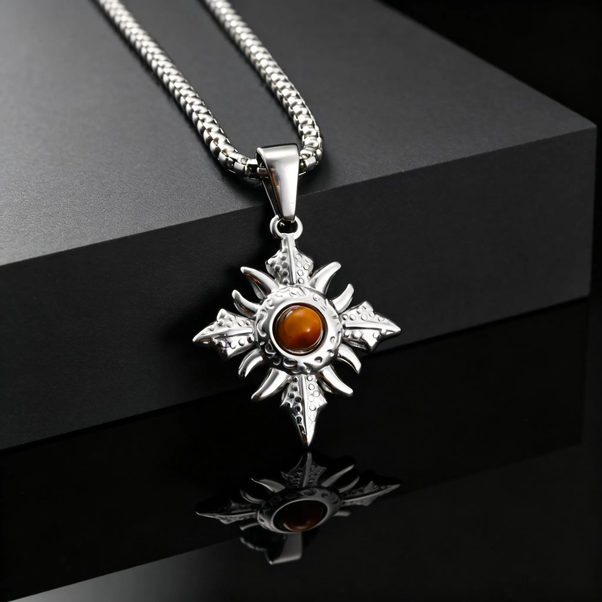 Vintage Punk Natural Tiger Eye Stone Geometric Pendant Necklace for Men Fashion Stainless Steel Neck Jewelry Gift