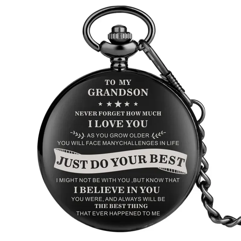 

Classic Black Pocket Watch To My Grandson i Love You Boy Men Quartz Analog Clock with Pendant Chain Fob Watch Gift To Kids