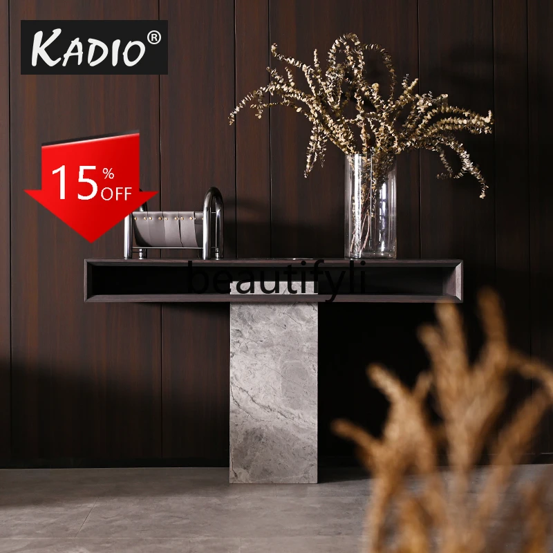D80 Italian light luxury natural luxury stone + wood veneer aisle against the wall marble entrance table