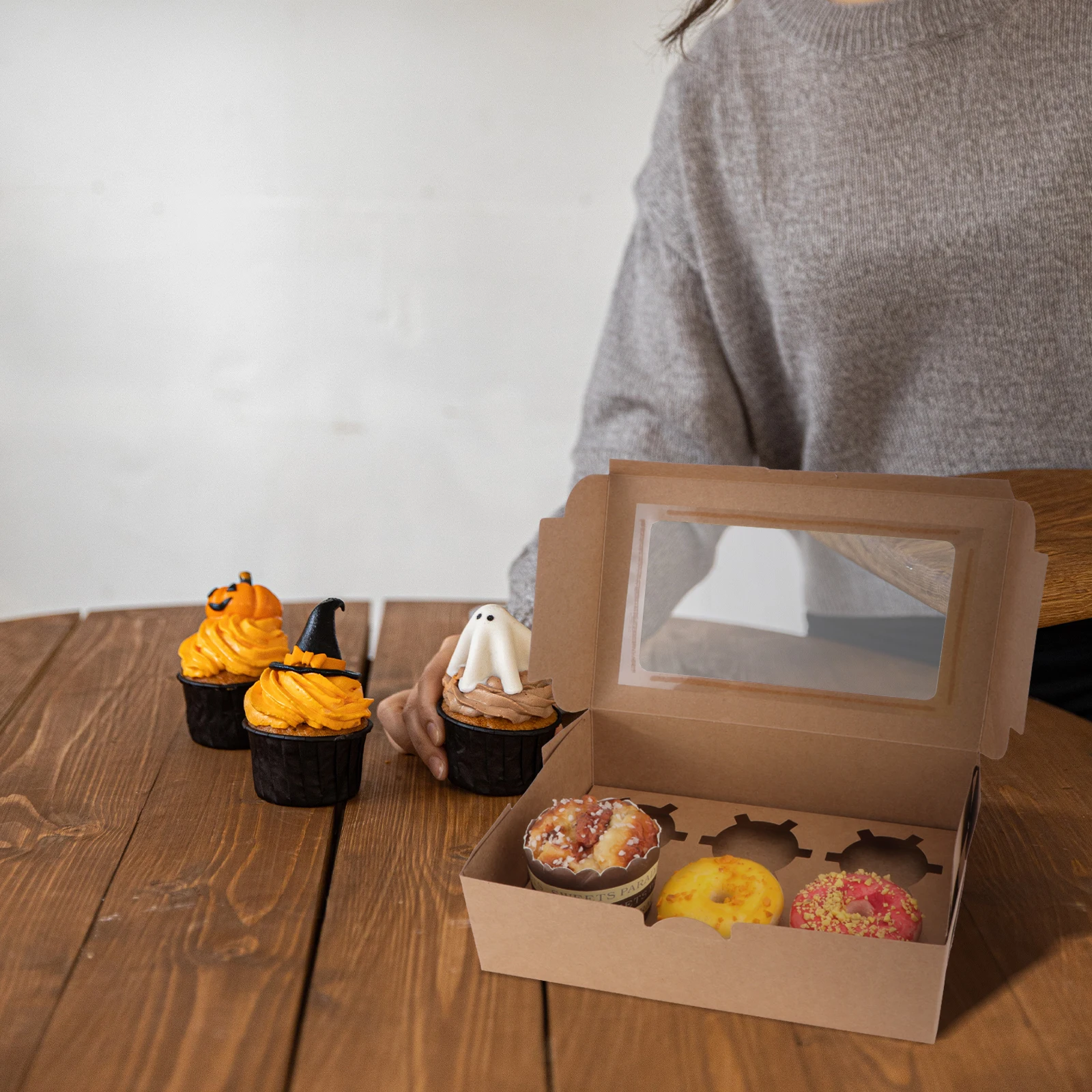 

10pcs Cupcake Boxes Kraft Paper Windowed 6 Cavities Food Grade Safe Eco Friendly Ideal for Parties Weddings Showers Christmas
