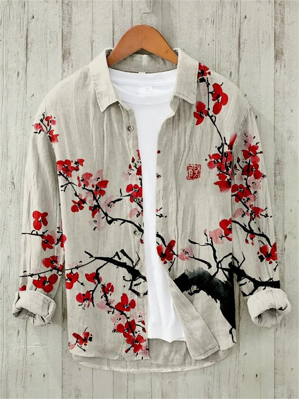 Sakura Japanese Vintage Art Linen Blended Shirt, Casual Polo Collar Cardigan, Button Shirt, Plus Size, Spring, Summer, New