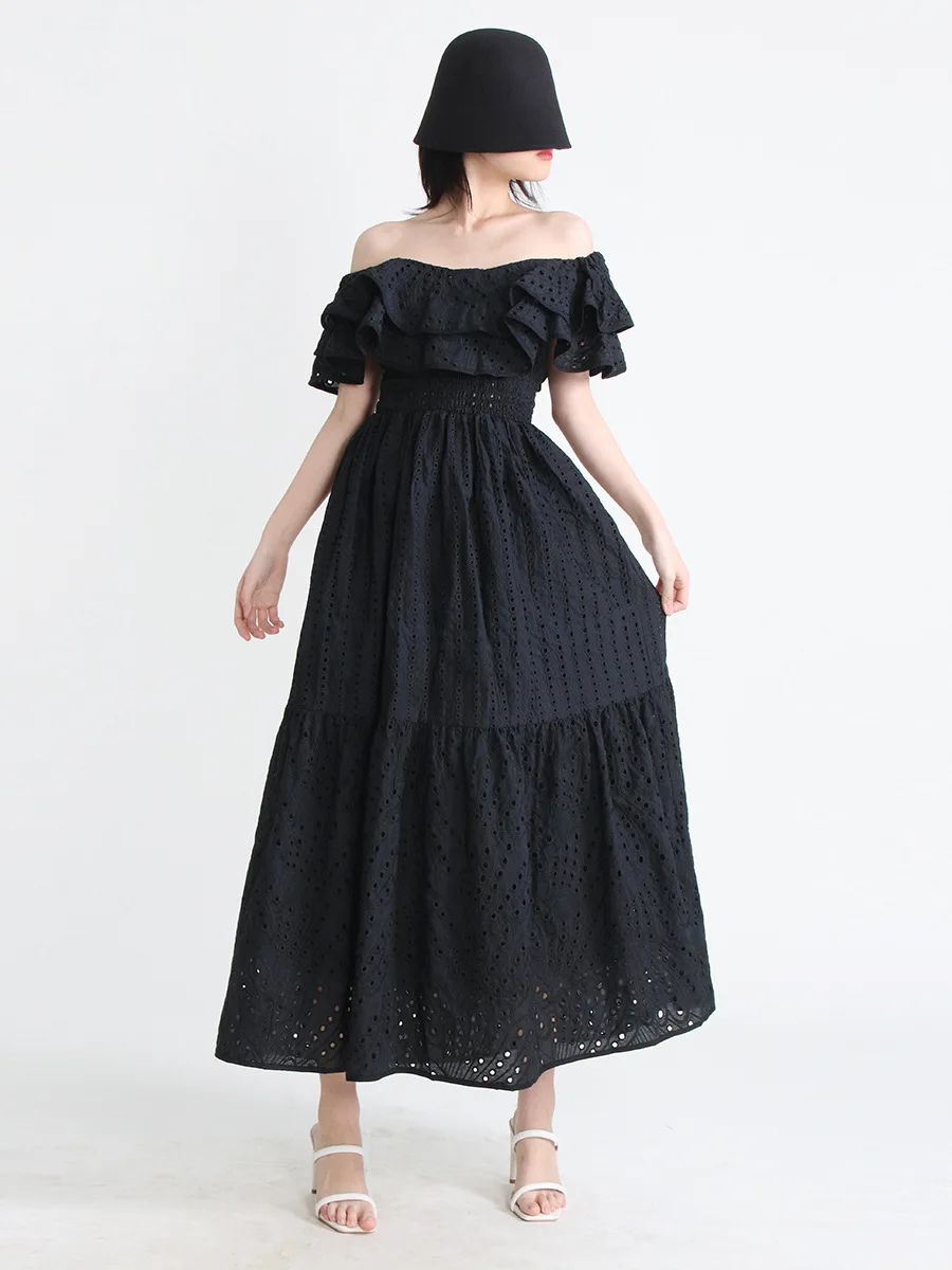 Embroidery Elegant Home Dress For Women Slash Neck Short Sleeve High Waist Cut Out Midi Dresses Female Summer Clothing