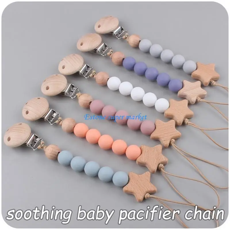 

090B Pacifier Clips Baby Girl Pacifier Holders Silicone Clip with Teething Beads Soother Chains Nipple Holder for Babies Newborn