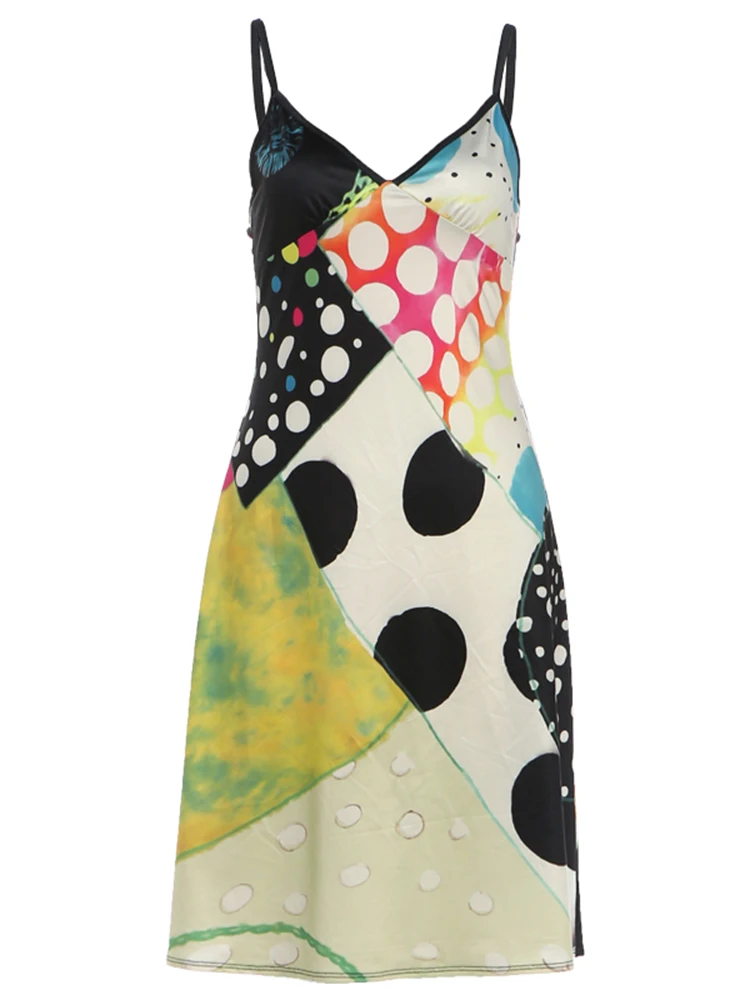 Weird Puss Sexy Kleid mit buntem Print für Damen, modische Patchwork-Design, tief ausgeschnittenes, ärmelloses, trendiges Mitternachts-Street-Club-Bodycon-Kleid – Detail 2
