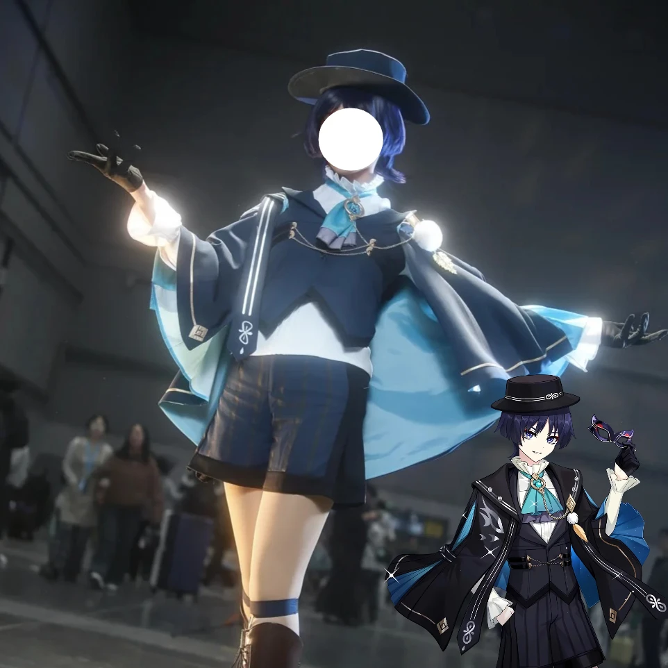 Disfraz de Cosplay FES Wanderer Balladeer de Genshin Impact, Azul Marino, con Capa Corta Estampada, Chaleco, Camisa, Corbata de Moño, Pantalones Cortos a Rayas y Guantes