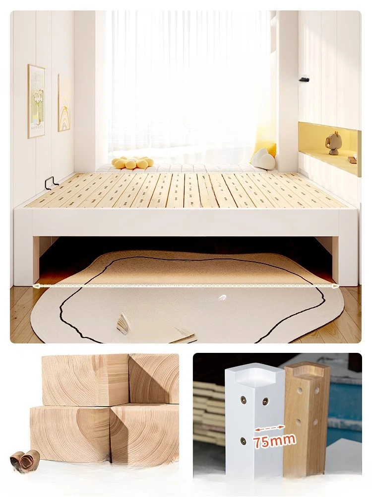 All solid wood silent row skeleton bed, shelf, tall tatami