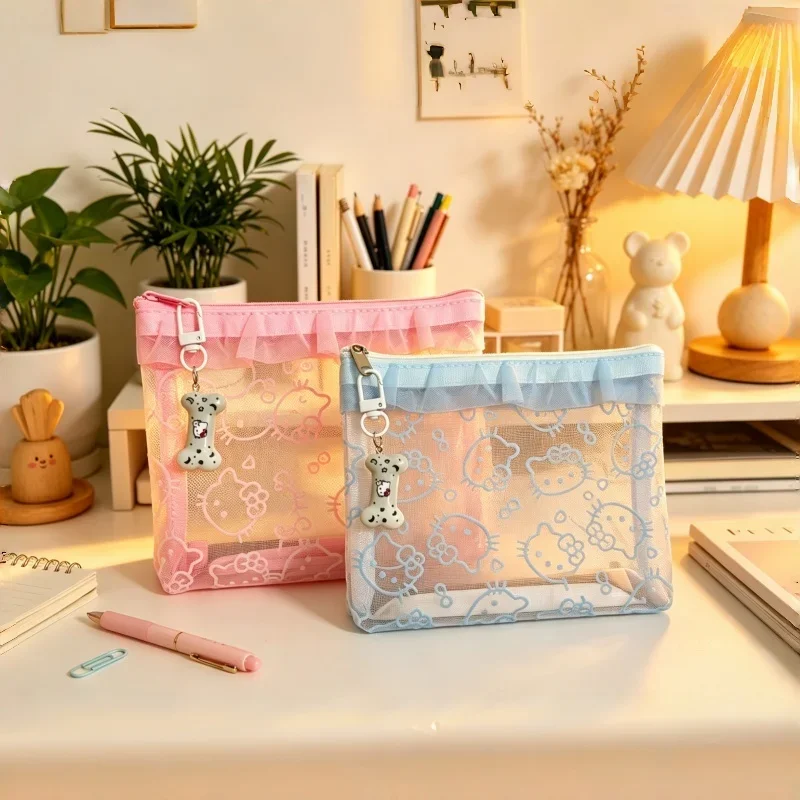 Kawaii Cartoon Netz-Aufbewahrungstasche Transparente Tasche Tragbare Hello Kitty Kosmetik-Aufbewahrungstasche Geeignet für Mädchen-Reiseaccessoires – Detail 1