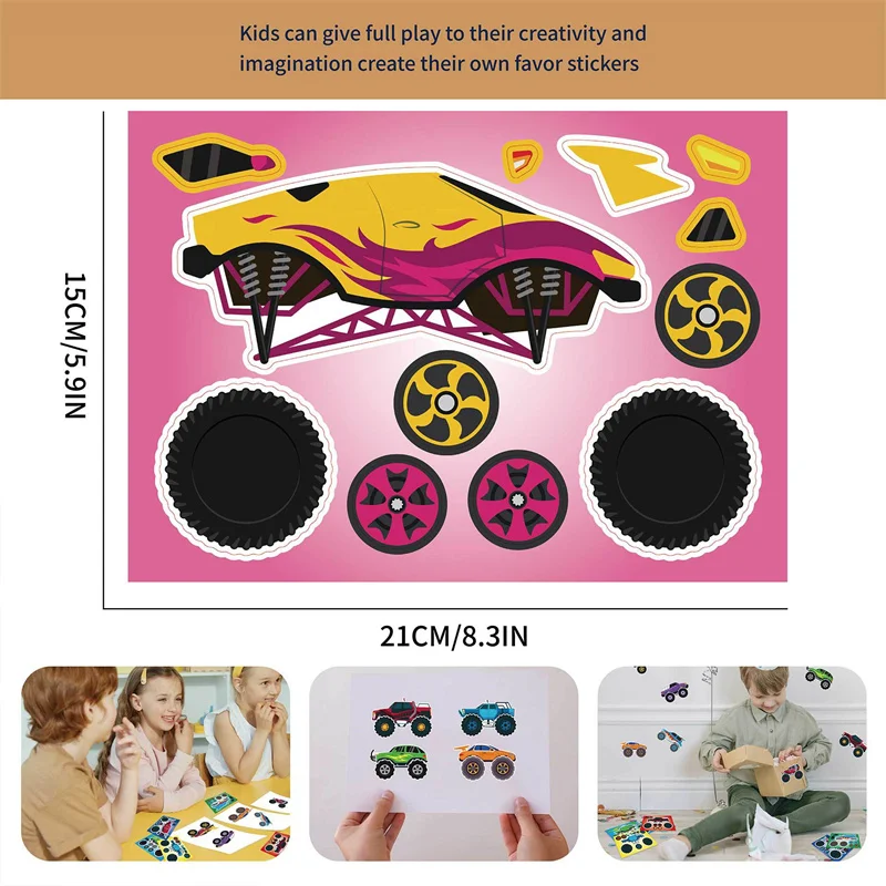 6-24Sheets Cool Monster Truck Sticker Kids DIY Make Your Own Car Sticker Cartoon Racing Tuck Puzzle Assembling Jigsaw Boys Toys