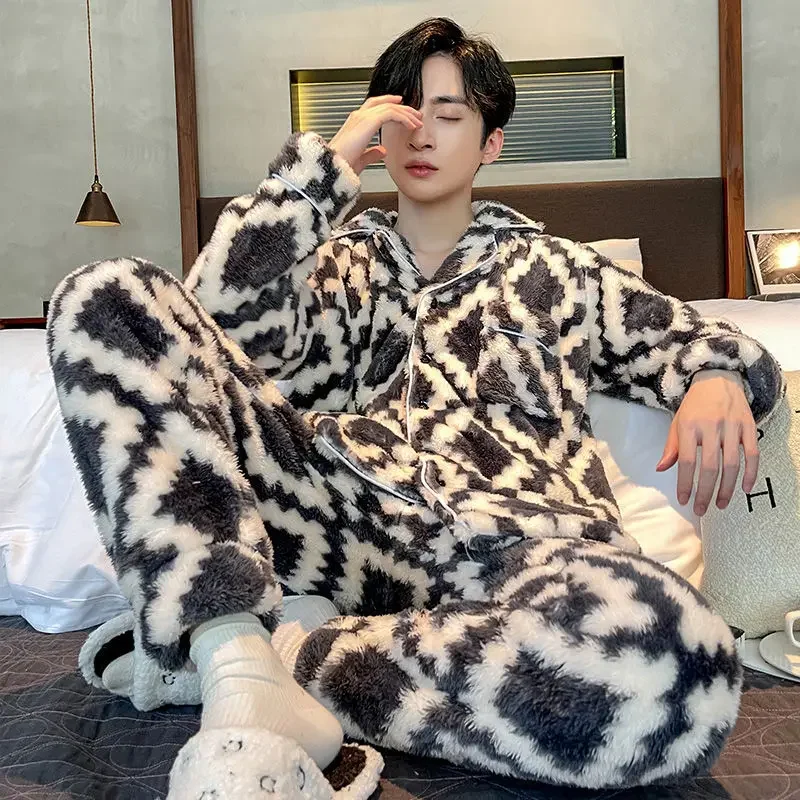 Winter Men's Pajamas Flannel Thickened with Long Sleeve Velvet Youth Autumn and Winter Can Wear Coral Velvet Home Suit Warm New