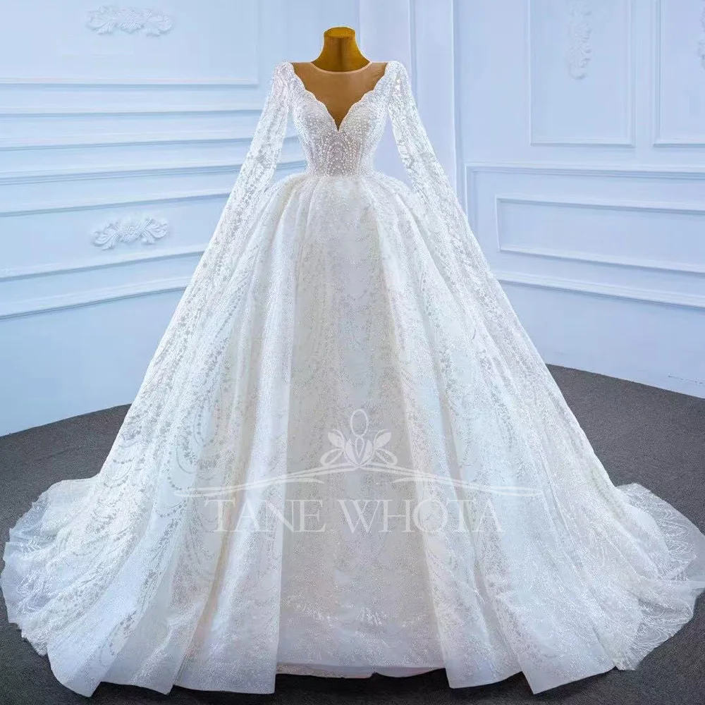 

Vestido Casamento 2025 O-Neck Long Sleeve Lace Up Back Beading Sequined Customized White Wedding Dresses