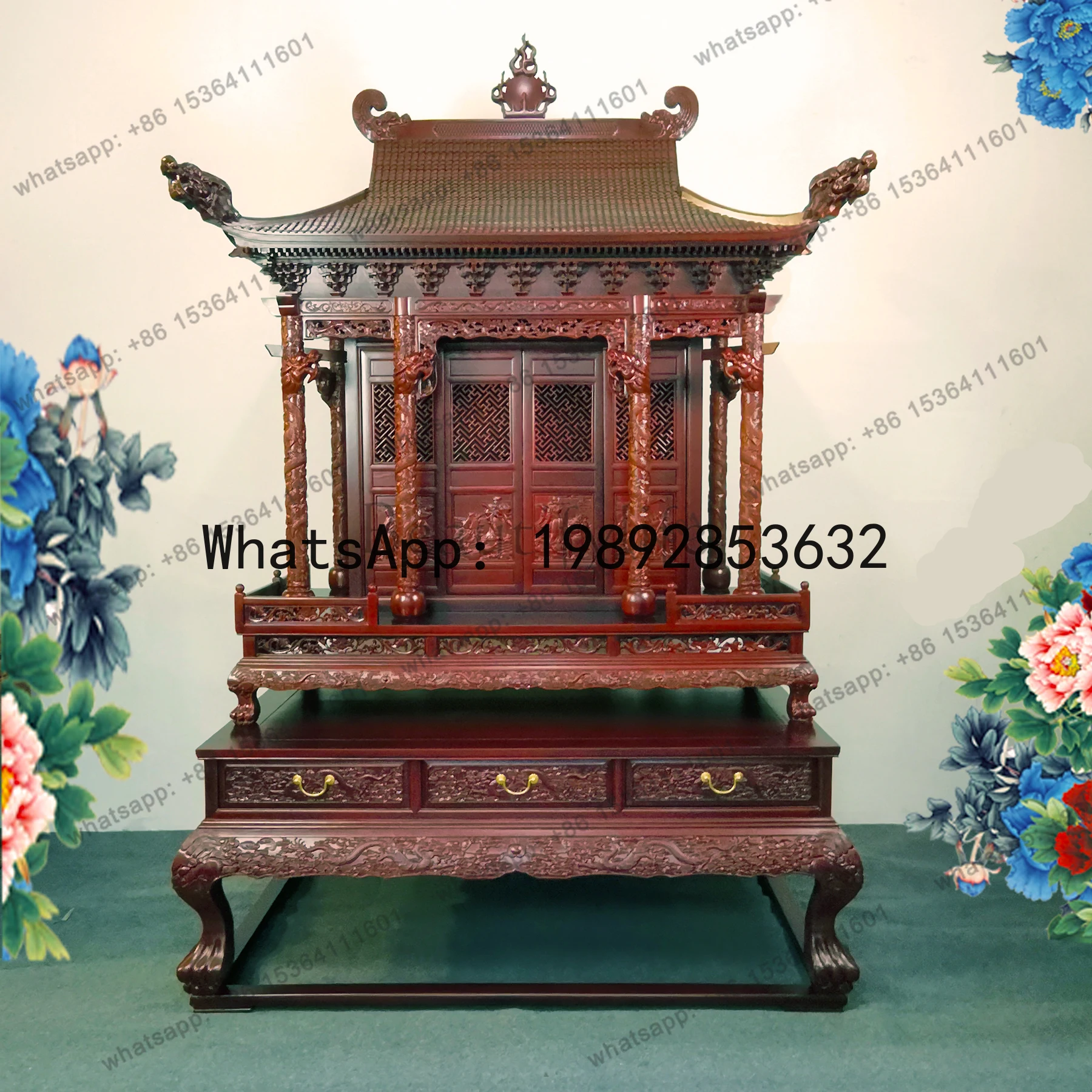 Log tenon and mortise carved solid flower pear mahogany shrine shrine shrine God of Wealth Guan Gong household cabinet