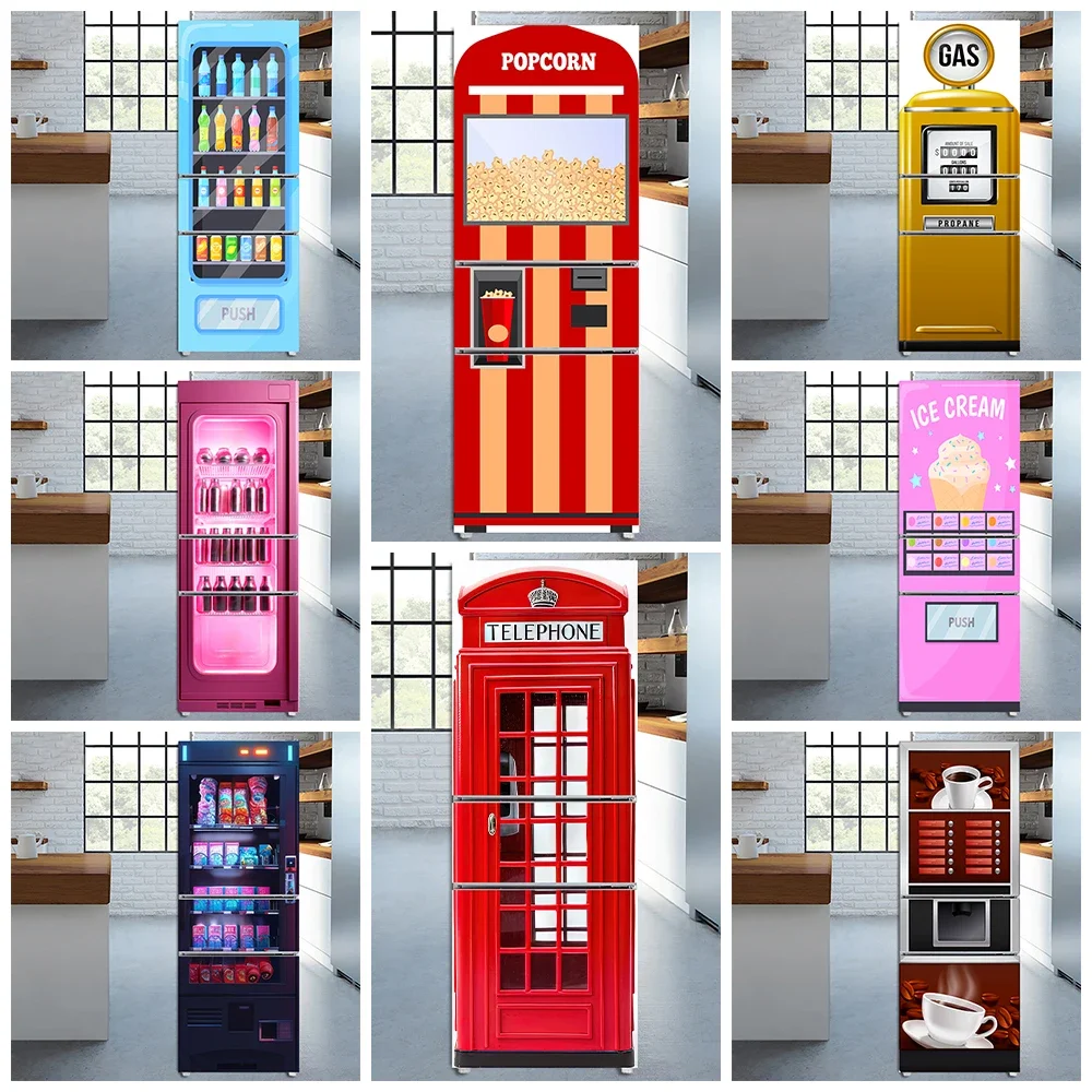 INS Style Budka telefoniczna Naklejki na lodówkę Pełna okładka Winylowa kreskówka Popcorn Machine Wyświetlacz Lodówka Arkusz Art Plakat