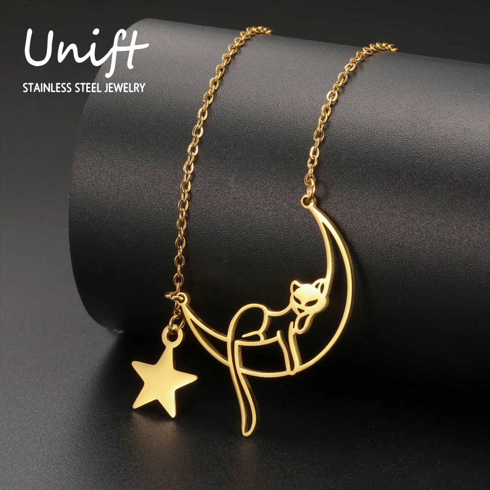 Unift Lazy Cat Lying on Moon Pendant Necklace with Star Stainless Steel Women Choker Fashion Trendy Animal Pet Kitten Jewelry