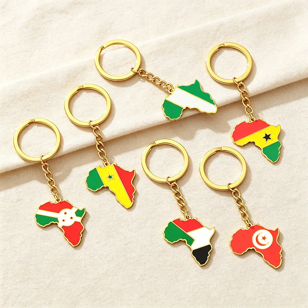 Personalized Africa Continent Flag Pendant Keychain 18K Gold Plated Stainless Steel Colorful Enamel Map Keychain Jewelry Gift