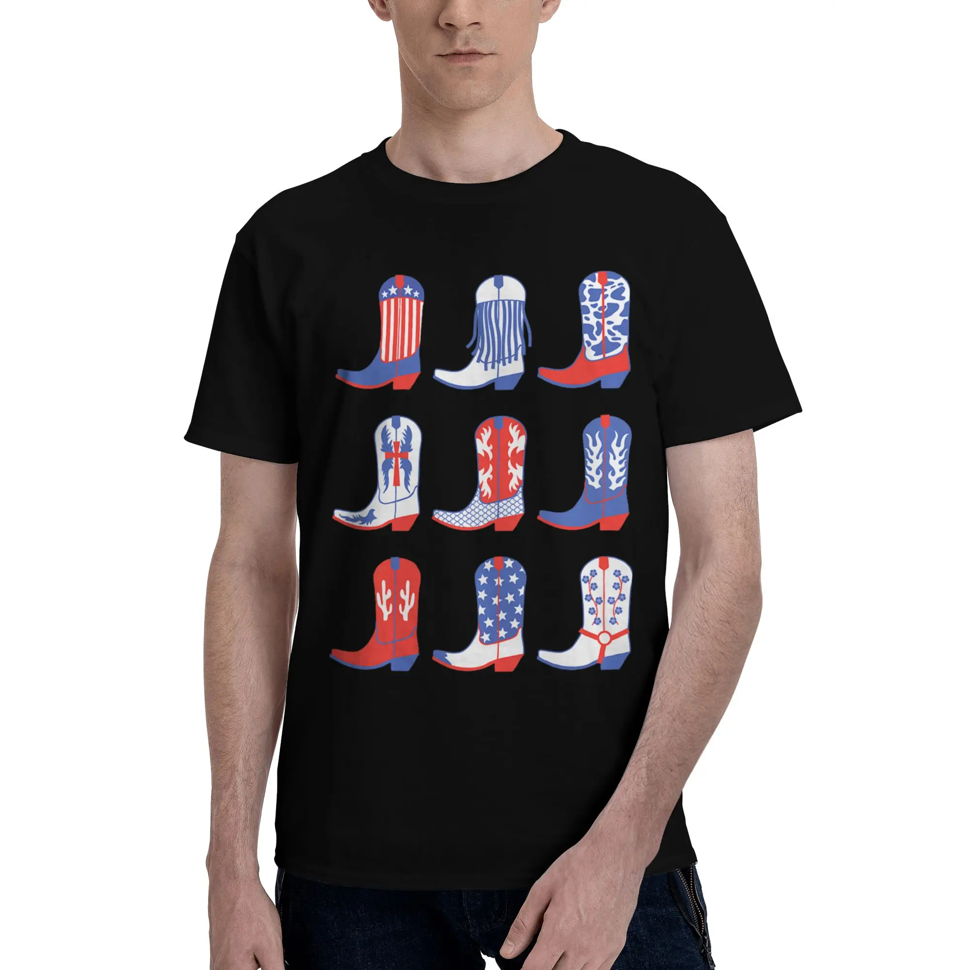 4th of July Cowgirl Boots American Country Western  Funny 100% Cotton T-Shirt Memorial Day Tops Tees For Men