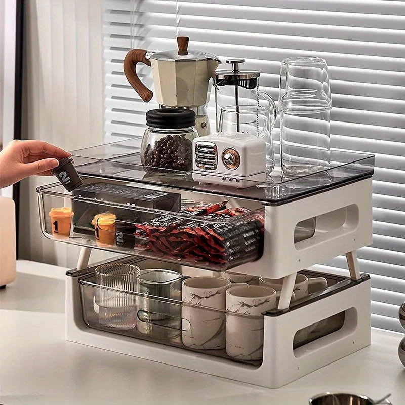 A Multi-drawer Coffee Station Organizer, Storage Rack, Cup and Snack Holder with Tea Bag Compartments, Beverage Station