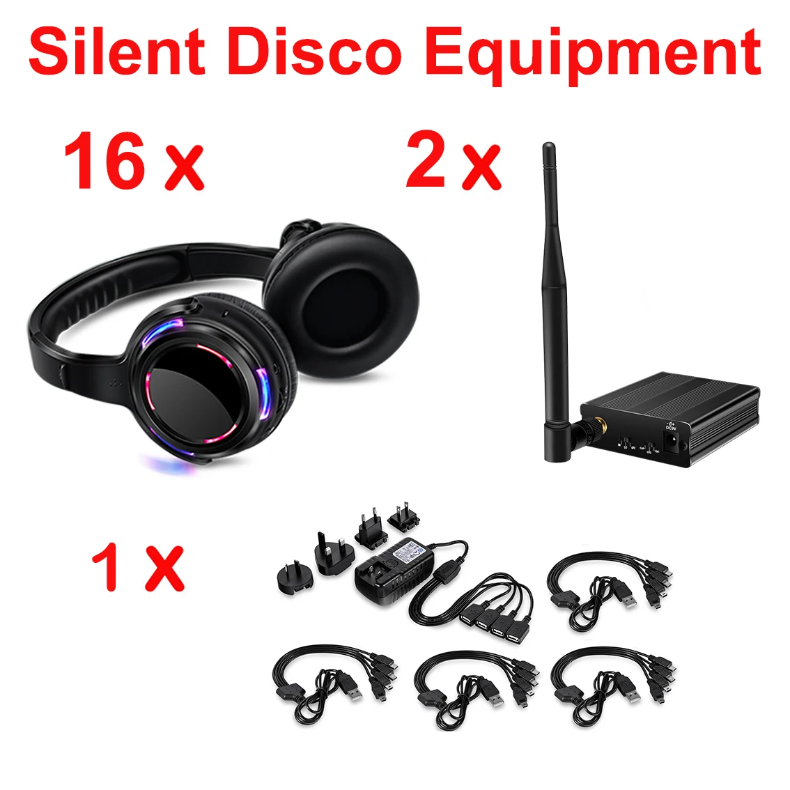 16 Pcs LED Flashing Silent Party Headphones with 2pcs Transmitter 500m/1650 Feets Distance