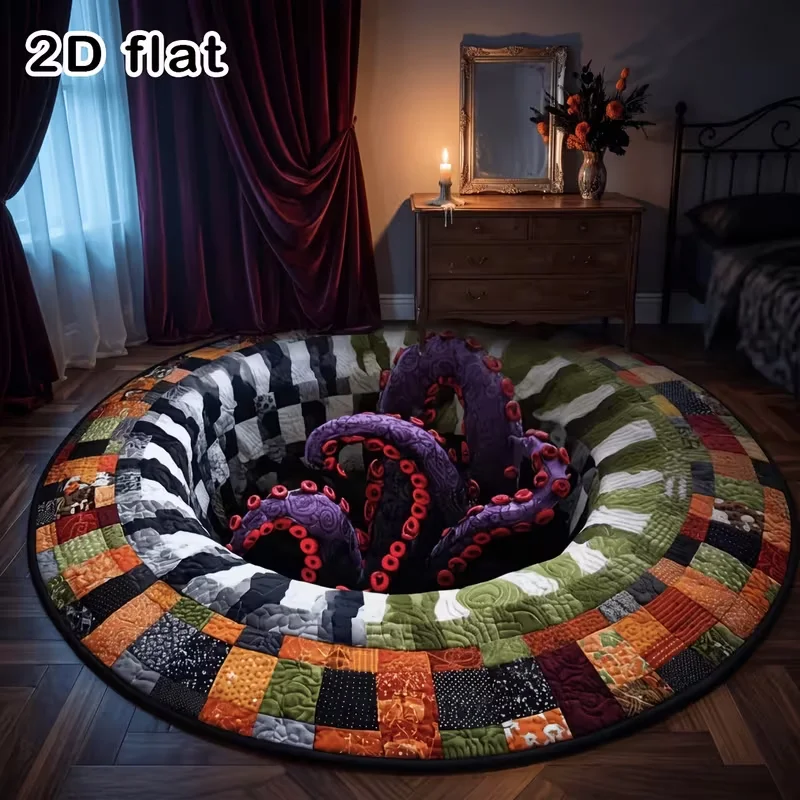 Round Halloween 3D Vortex Visual Area Rug, Octopus Tentacle Patchwork Quilt Style Hole Illusion Home Floor Rug