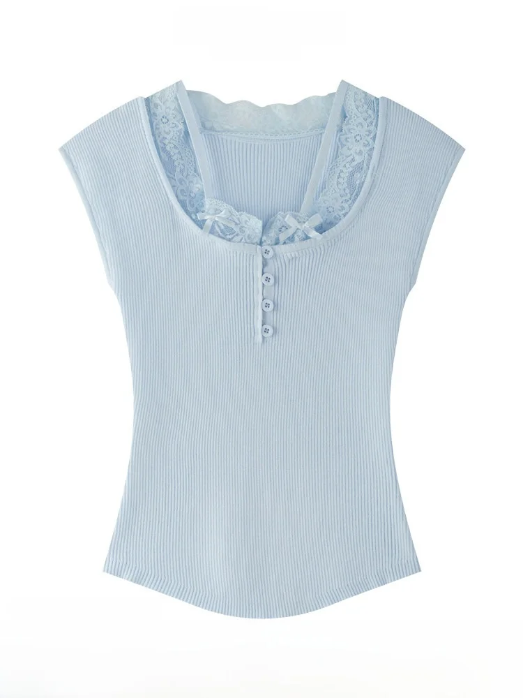 

Женская летняя футболка с кружевом и узлом, новый вязаный свитер с квадратным воротником и боковой грудью