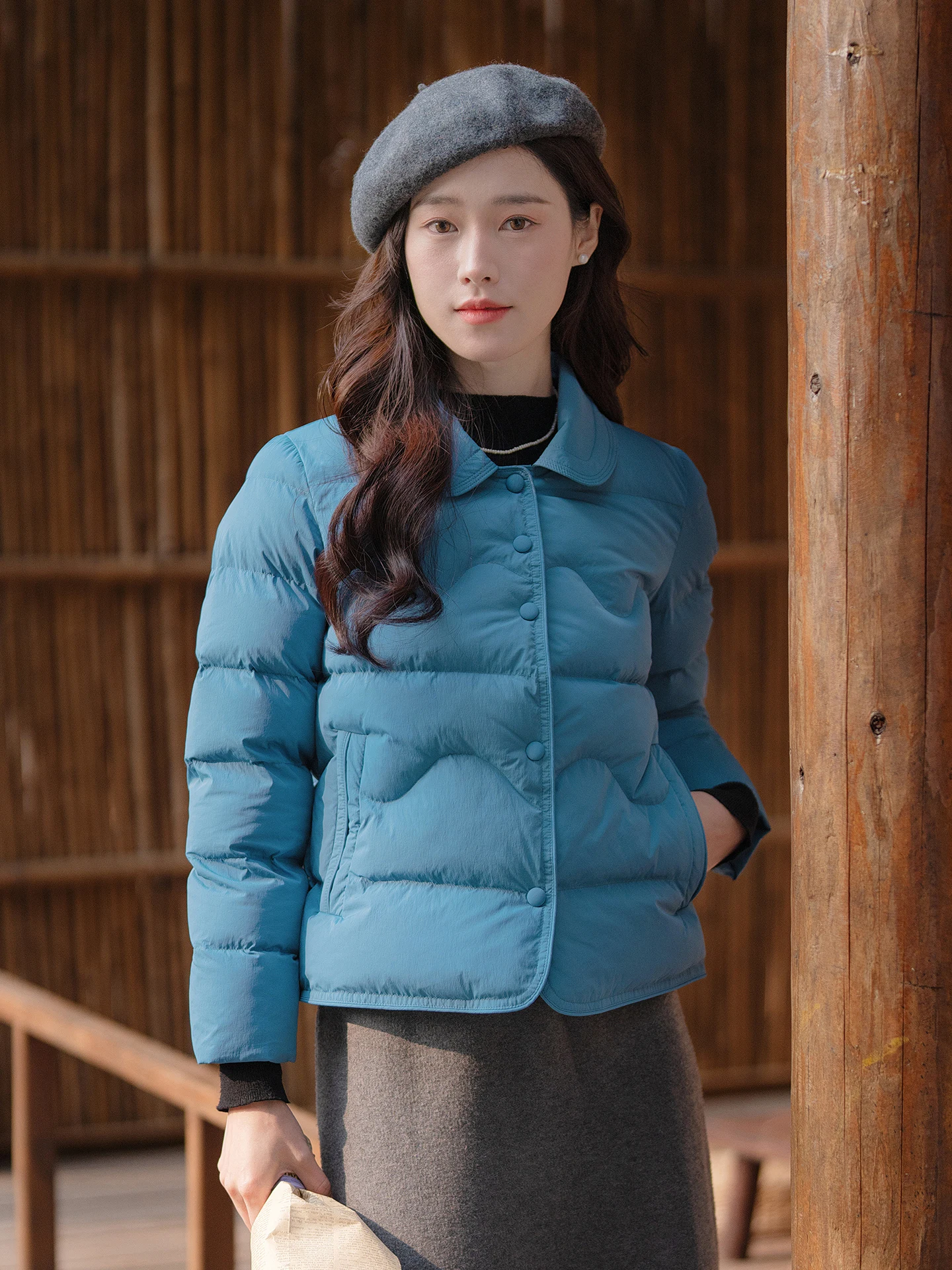 

Thiened Winter Cotton Jaet Women's Blue Warm down ort Coat Commute Design Sense Pure Color Straight Tube Sle Coat