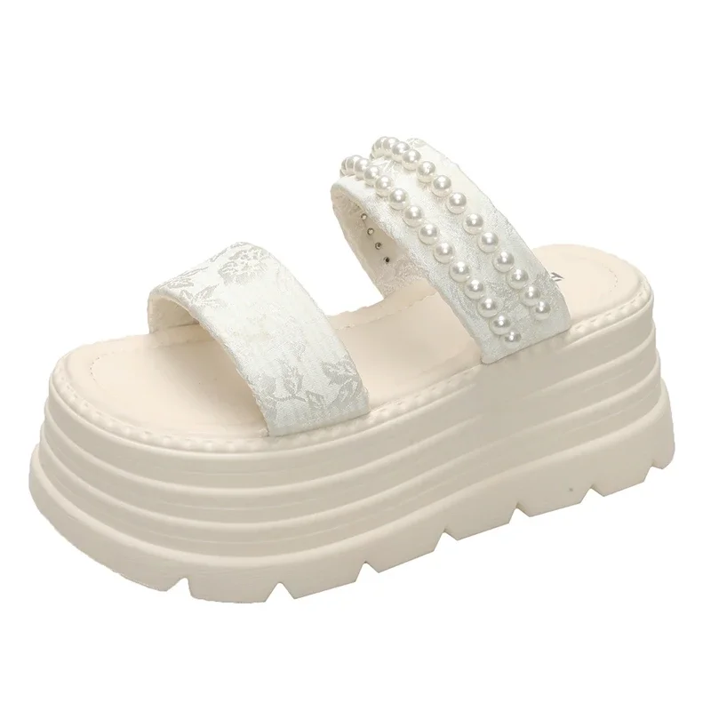 

Женские массивные сандалии с жемчужным ремешком 8 см, летние розовые тапочки на танкетке с толстой подошвой, женские модные шлепанцы на кружевной платформе, Mujer
