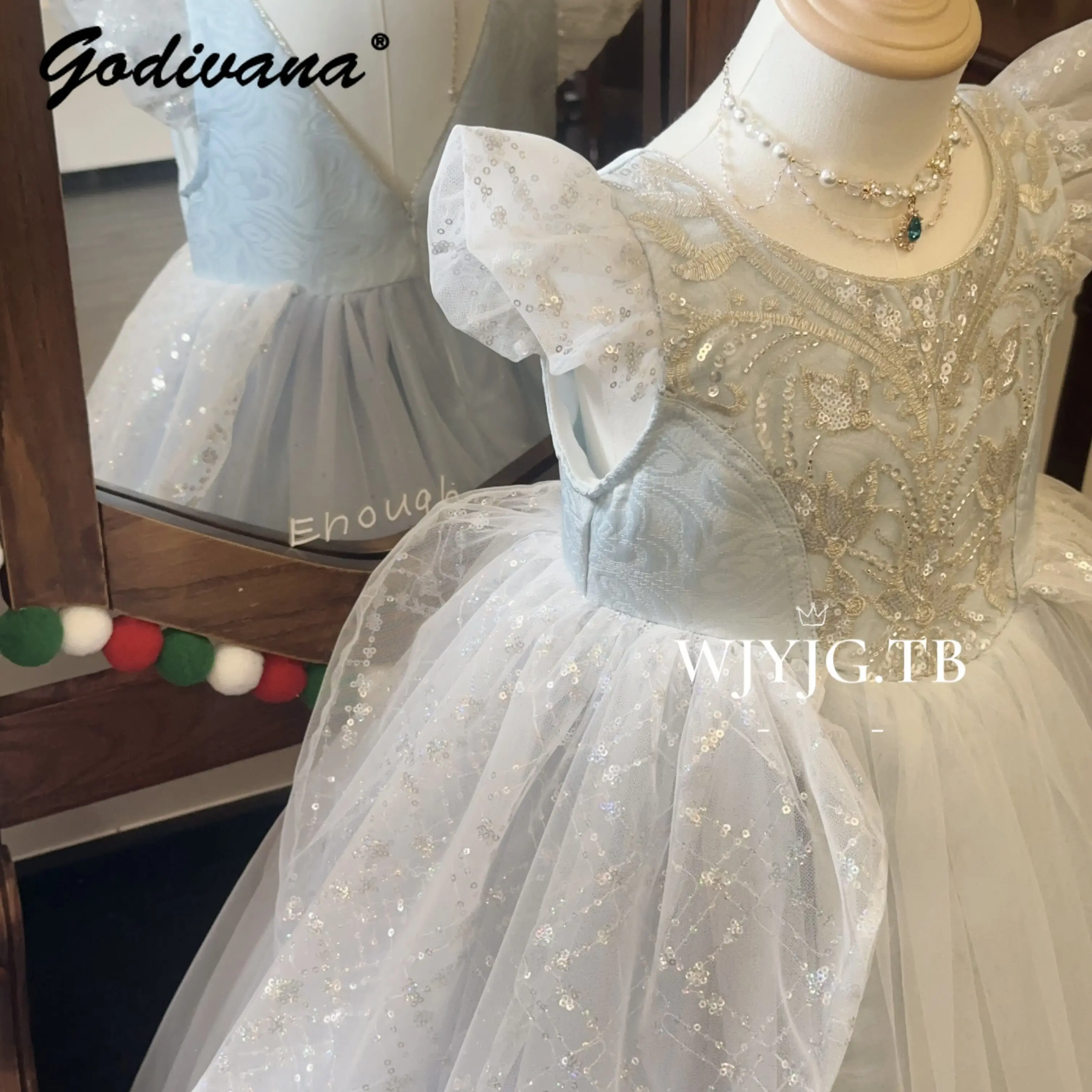 Sweet Baby Girls High End Heavy Court Tulle Princess Tutu Dress 2026 New Summer Kids Sequin Blue Mesh Birthday Party Ball Gown