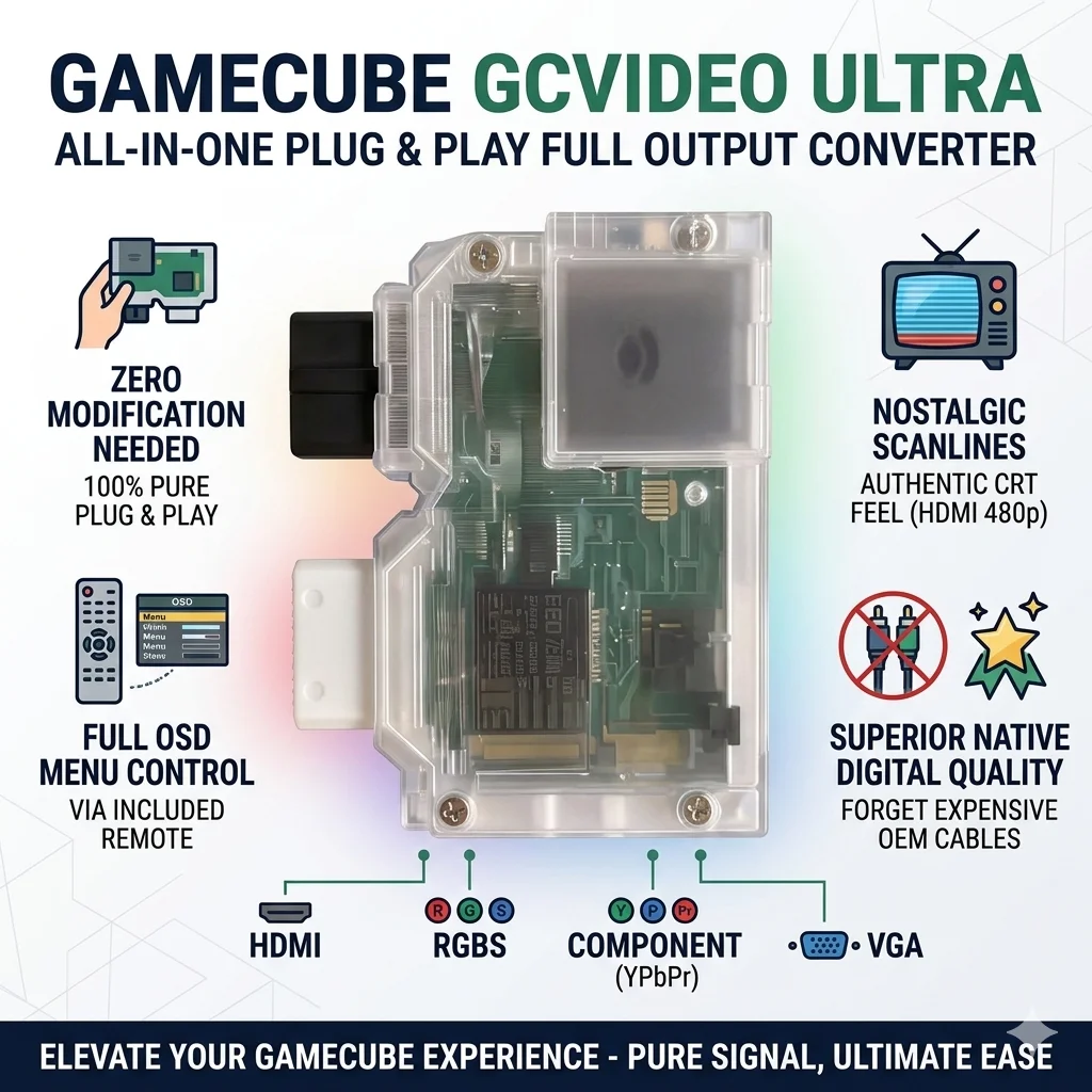 

GameCube GCVideo Ultra Video Converter - 480p HDMI & Analog Output with Scanlines - Professional Grade No-Mod Solution