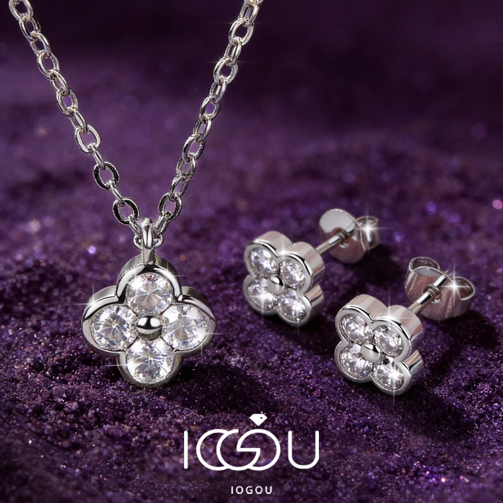 14k Gold Filled 3mm Moissanite Pendant Necklace Stud Earrings Clover Flower Jewelry Sets & GRA Certificate Charm Gift for Women