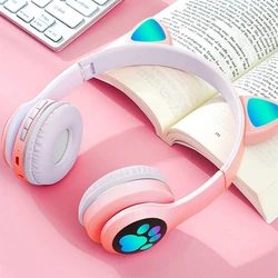 Słodki kociak zestaw słuchawkowy światło RGB słuchawki z Bluetooth Stereo HIFI wygodne słuchawki douszne z mikrofonem sportowa opaska na głowę dla dzieci dziewczynek chłopców