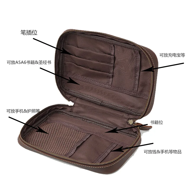 Genuine leather hand-held Storage Bags, crazy horse leather stationery bags, large-capacity passport bag for going out documents