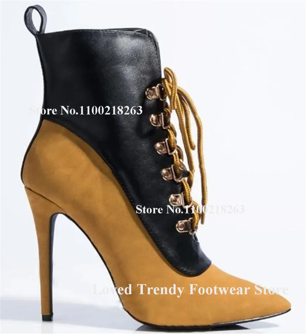Newest Red-blue Purple-black Patchwork Stiletto Heel Short Boots Pointed Toe Metal Buckles Lace-up Thin Heel Ankle Booties view 3