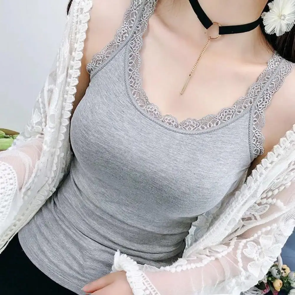 2026 Women Summer Thin Vest U-Neck Sleeveless Slim Tank Tops Solid Color Lace Trimmed Camisole Streetwear