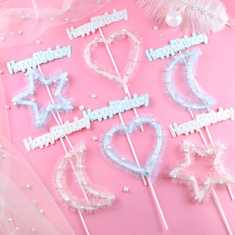 Moon Star Heart Cake Topper Flag Happy Birthday Gauze Wedding Kids Party Baby Shower Cake DIY Baking Cupcake Toppers Decoration