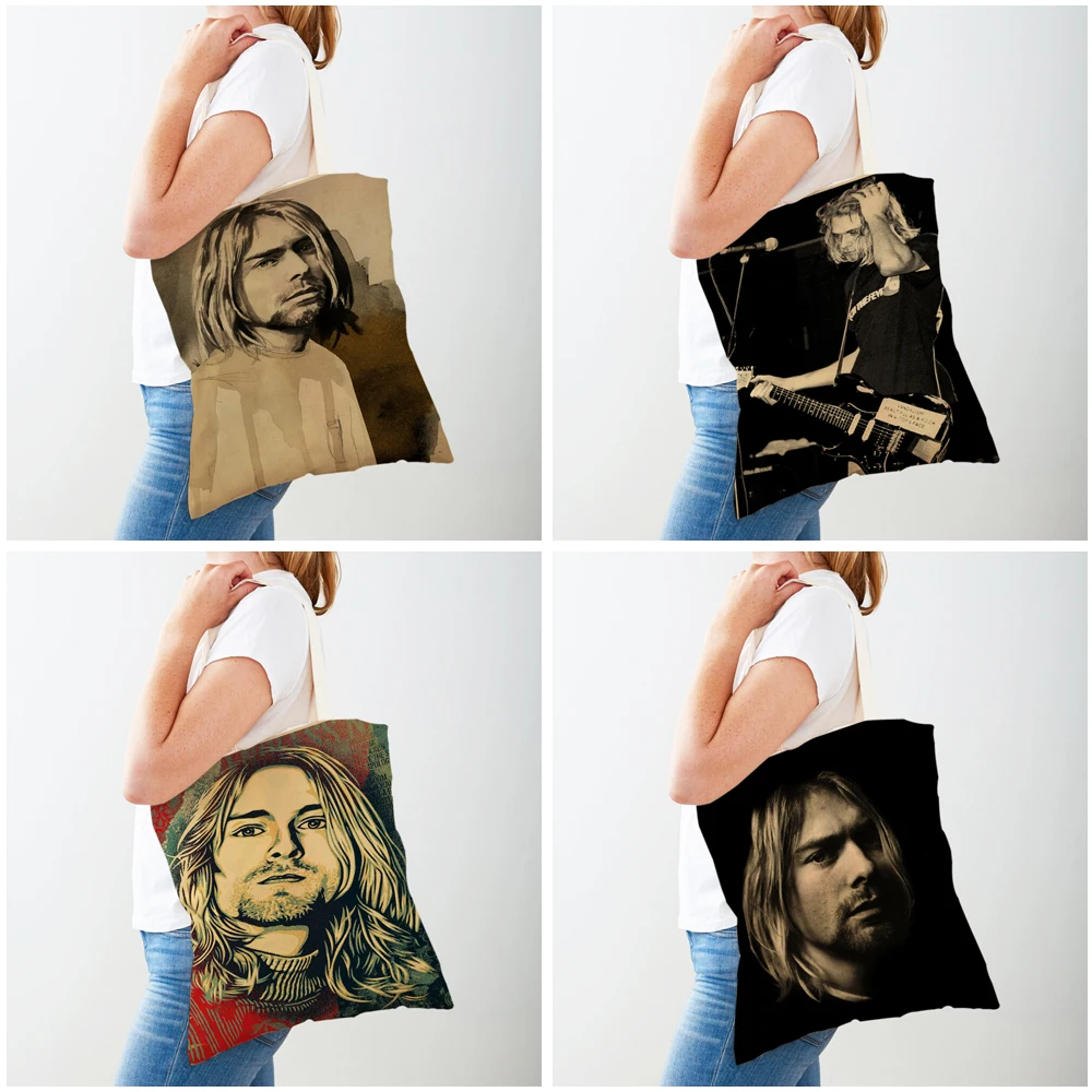 Kurt Cobain Shopping Bags Rock Roll Music Shopper Supermarket Bag Design Women Handbag Eco Portable Convenient Storage Tote